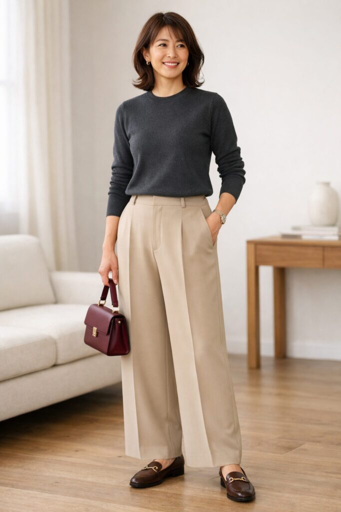 淡い色だけでまとめるより、濃色を一点入れたほうが、ベージュの上品さが引き立って見えやすくなります。