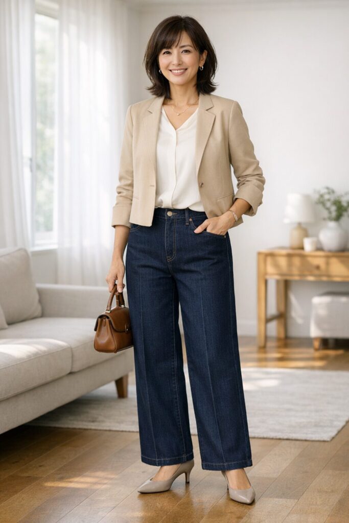 太ももカバーだけでなく、全身をきれいめに見せる答えを見せるための挿絵です。上半身と足元を少し整えるだけで、デニムワイドの印象がぐっと上品になります。