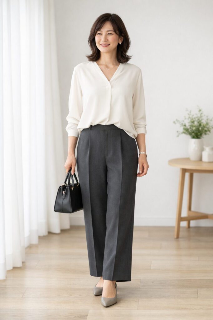 トップスとの比率まで整うと、ワイドパンツが必要以上に大きく見えにくくなります。腰を隠すだけではなく、全身のつながりで見るのがコツです。