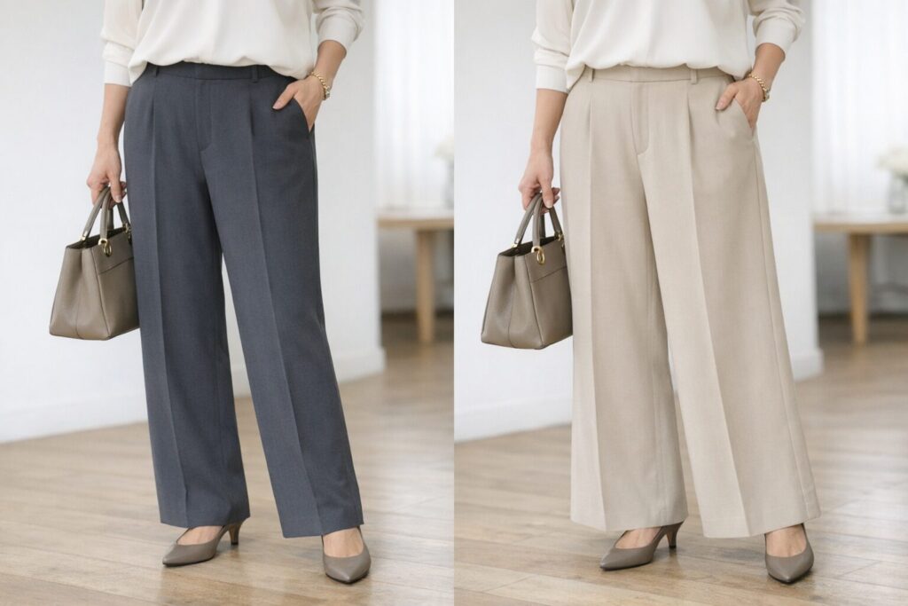 腰張り体型の方が見比べやすいのは、幅の広さそのものではなく、腰から裾までの落ち方の違いです。横に張るか、縦に落ちるかが印象を分けやすいポイントになります。