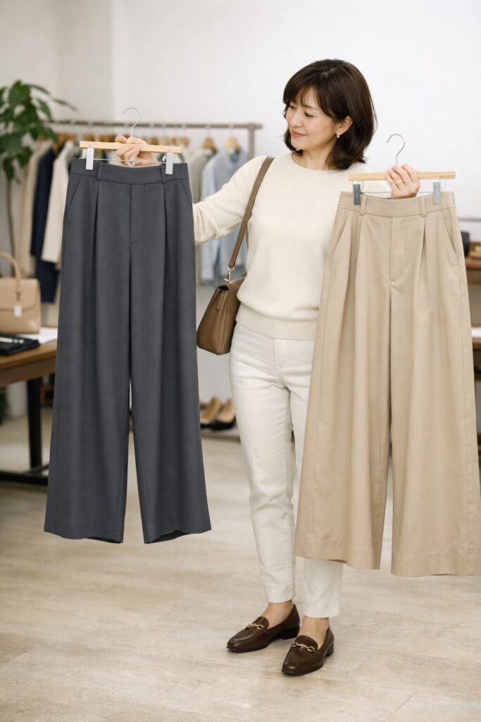 腰まわりの収まりと素材の落ち方の違いが分かると、広がりすぎにくい一本を判断しやすくなります。