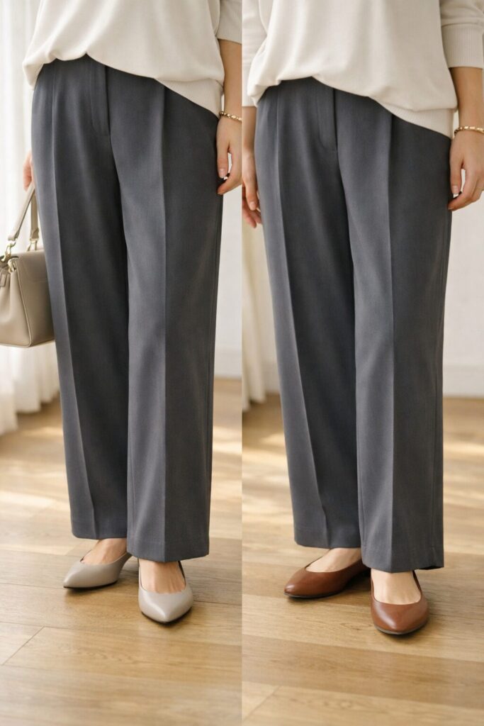 足元とのつながりが整うと、パンツの幅感だけが目立ちにくくなり、全体がすっきり見えやすくなります。