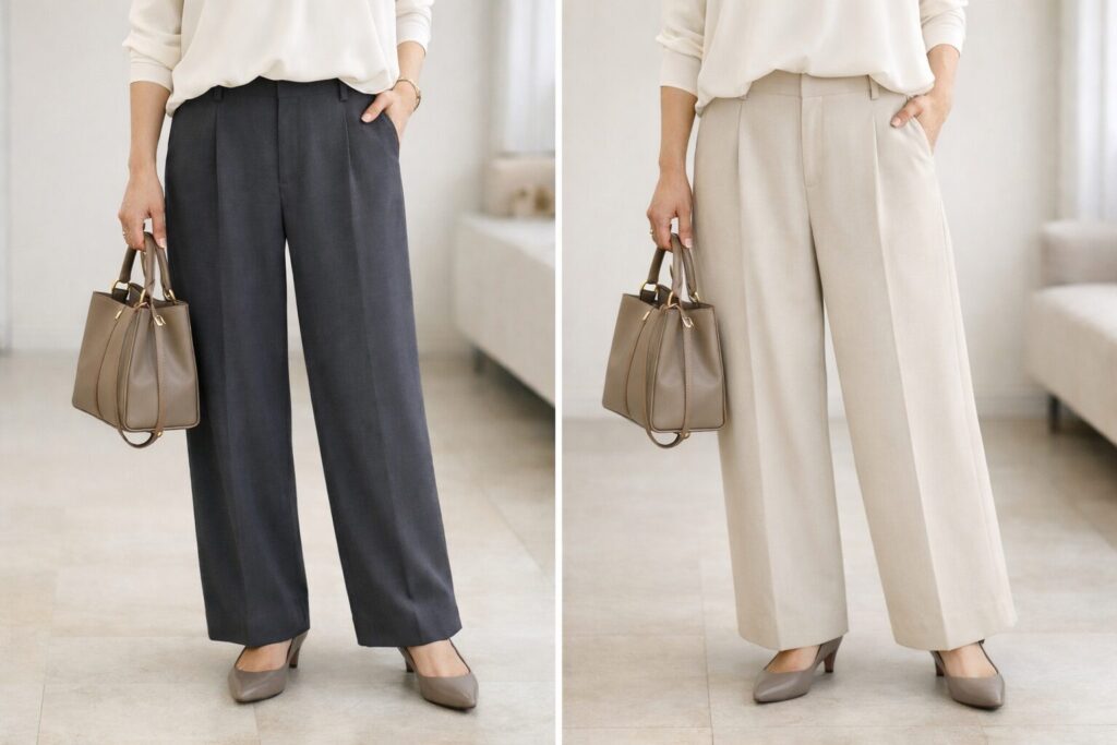 同じ体型でも、生地の落ち方が変わるだけで下半身の見え方はかなり変わります。太さそのものより、横に張らず縦に流れるかを見たい場面です。