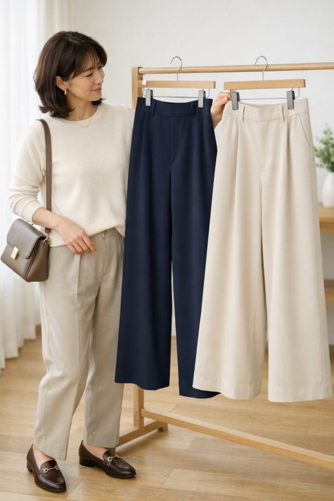 丈感は長さだけでなく、素材の落ち方との組み合わせで見え方が変わります。裾上げ前に、裾幅と生地のハリ感も見たい場面です。