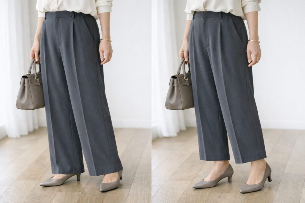 足の甲に軽くかかる丈は、ワイドパンツの縦のラインがつながって見えやすいです。短すぎる丈との差が、無理なく伝わる比較が向いています。