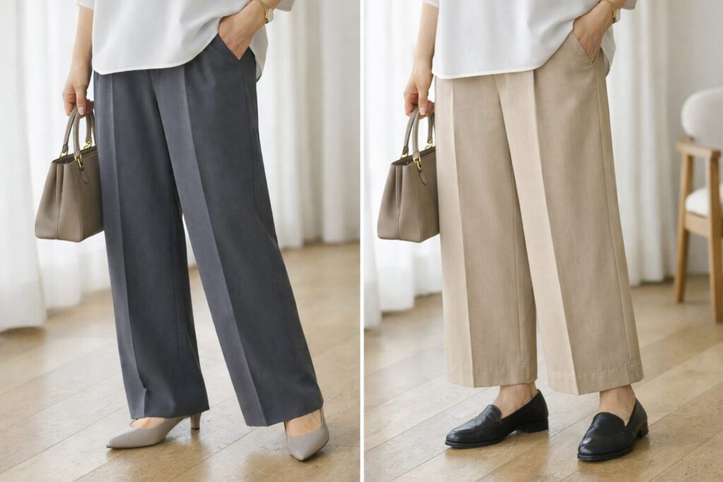 裾の落ち方と足元のつながりを見ると、同じワイドパンツでも重たさの出方がかなり変わります。