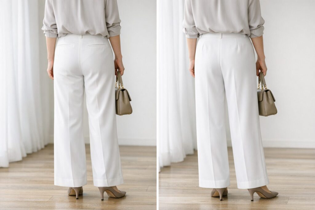 後ろ姿で「張る」と「すっと落ちる」の差が分かると、白ワイドパンツ選びの失敗をかなり減らしやすくなります。