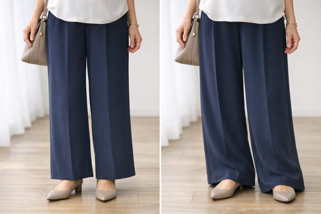 低身長でも重たく見えにくい股下は、足の甲に軽くかかる程度で止まり、靴と自然につながる丈感です。