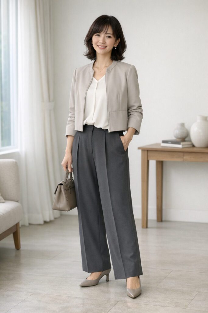 低身長さんは股下だけでなく、上半身を少しすっきり整えるとワイドパンツがぐっと着やすくなります。