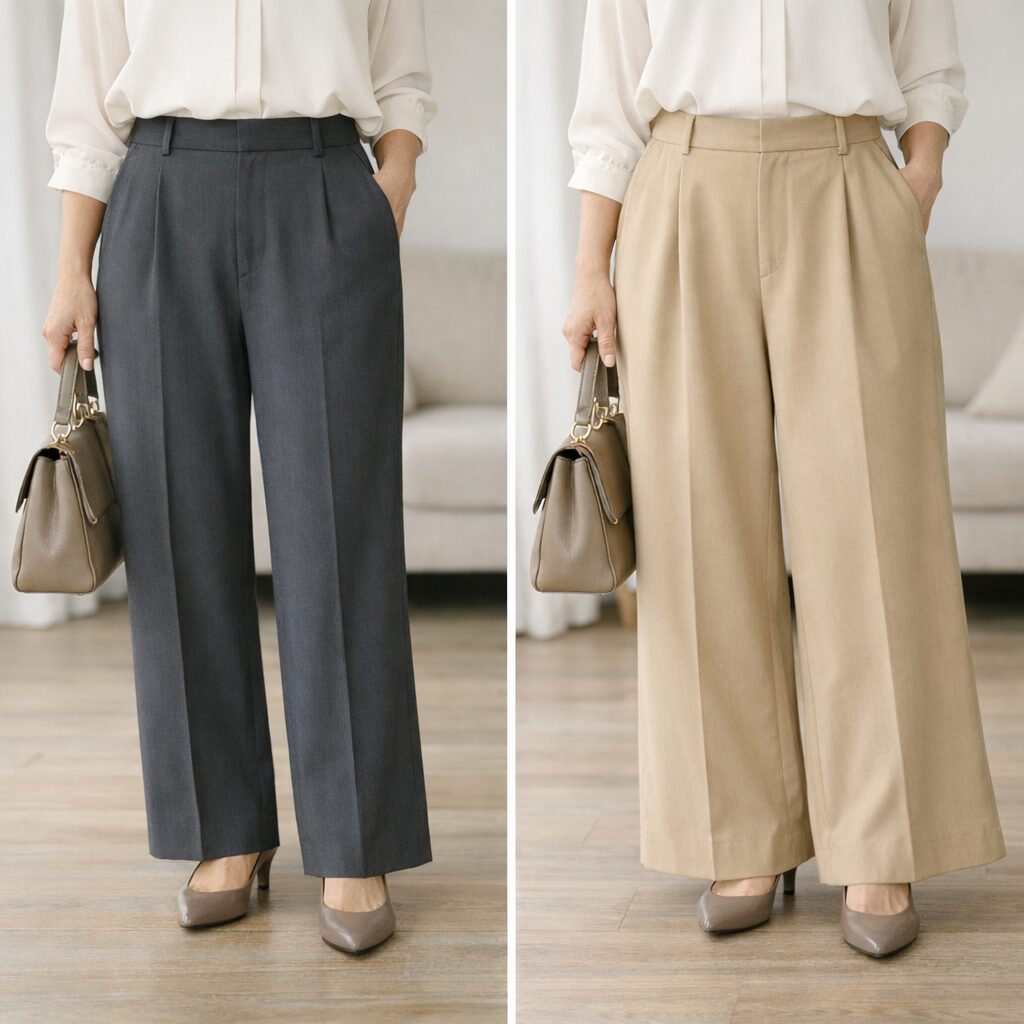 同じワイドパンツでも、低身長さんは落ち感のあるセミワイドのほうが股下バランスを整えやすいです。