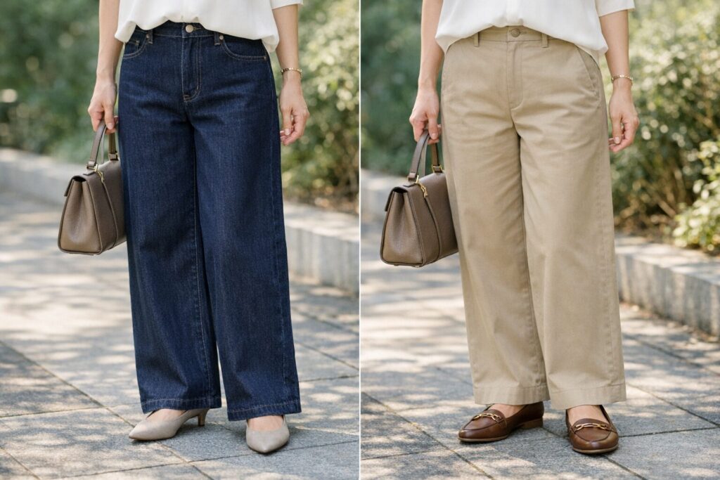 同じワイドパンツでも、靴の選び方で大人っぽさの方向がかなり変わります。