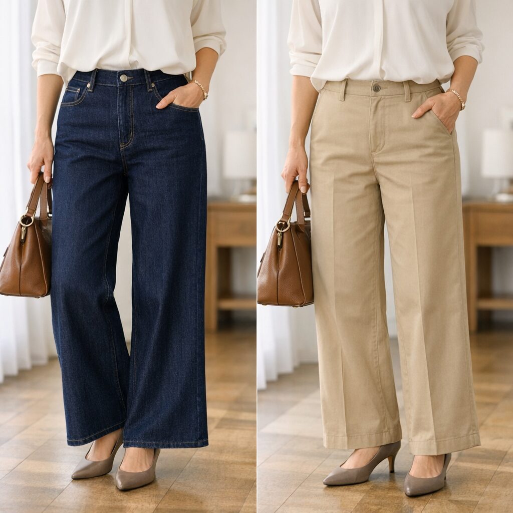 濃色デニムは抜け感のある大人っぽさ、チノはきちんと感のある大人っぽさが伝わる比較です。