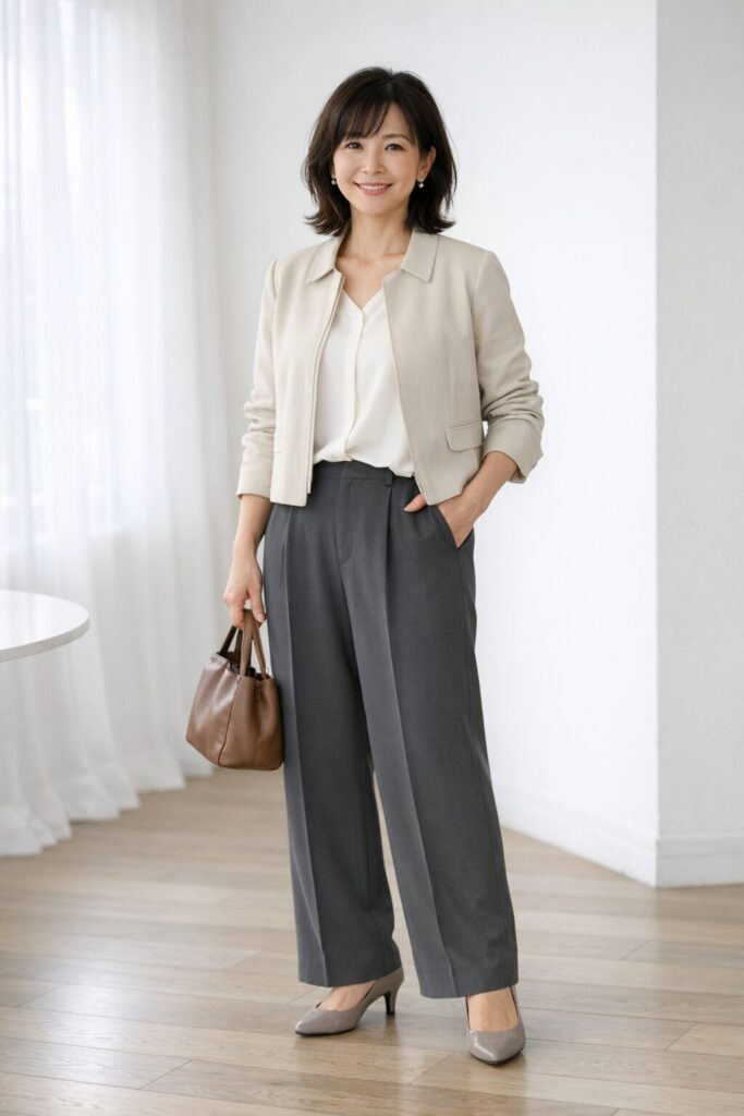 丈だけでなく、上半身の見せ方までそろえると、低身長さんでもワイドパンツがぐっと取り入れやすく見えます。