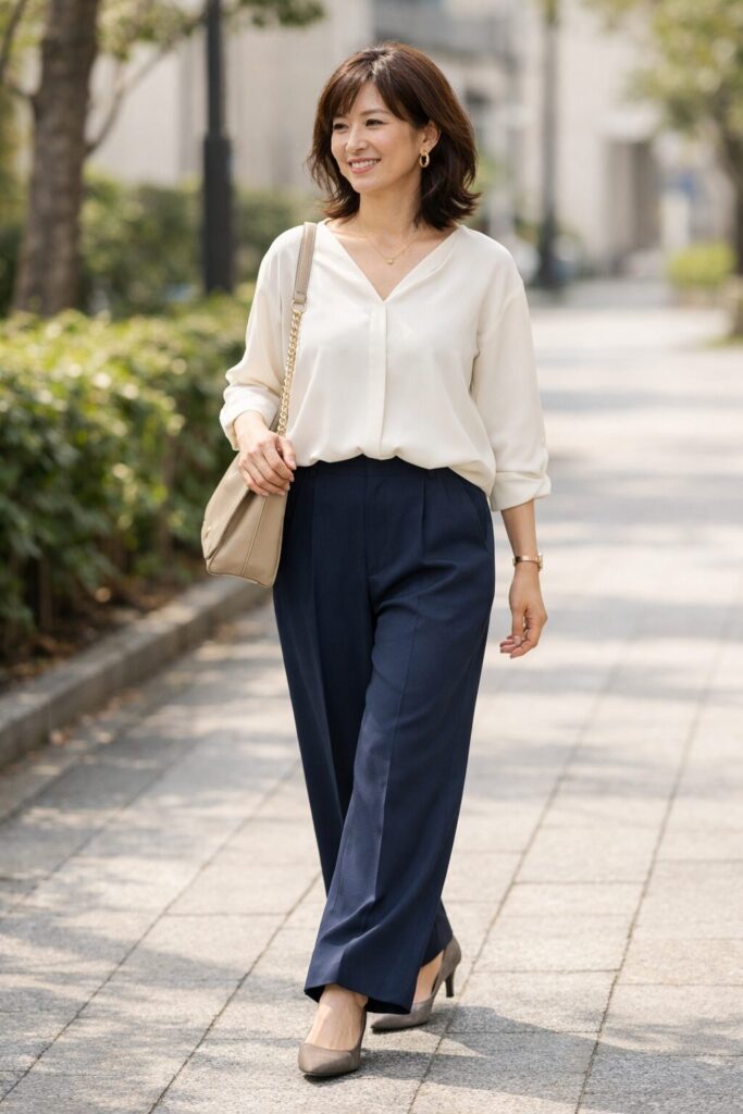 歩いたときの裾の動きまで見ると、低身長さんに合う丈感がより直感的に分かります。