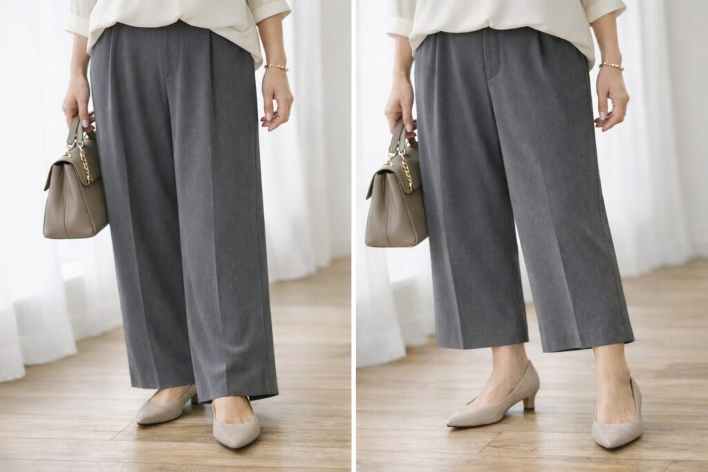 足の甲に自然につながる丈と、中途半端に短い丈の違いが分かると、低身長さんの選び方はかなり整理しやすくなります。