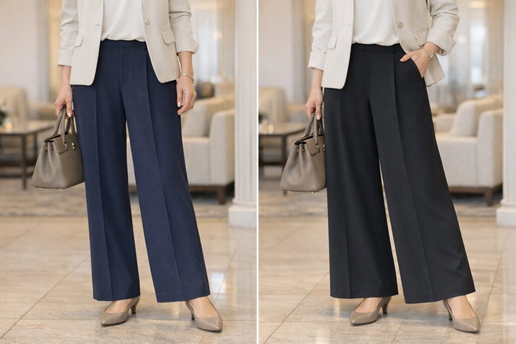 落ち感のあるセミワイドと、横に広がりやすい形の差が見えると、セレモニー向けの基準がわかりやすくなります。比較するなら、立ったときの横幅より「縦に流れるか」を見るのがポイントです。