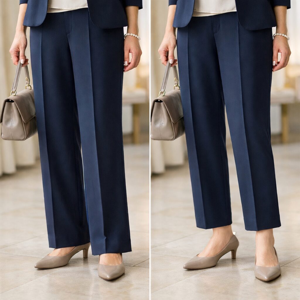 丈感の差は、全身より足元寄りで見せると理解しやすいです。セレモニーでは、裾と靴のつながりが整っているほうが落ち着いて見えます。