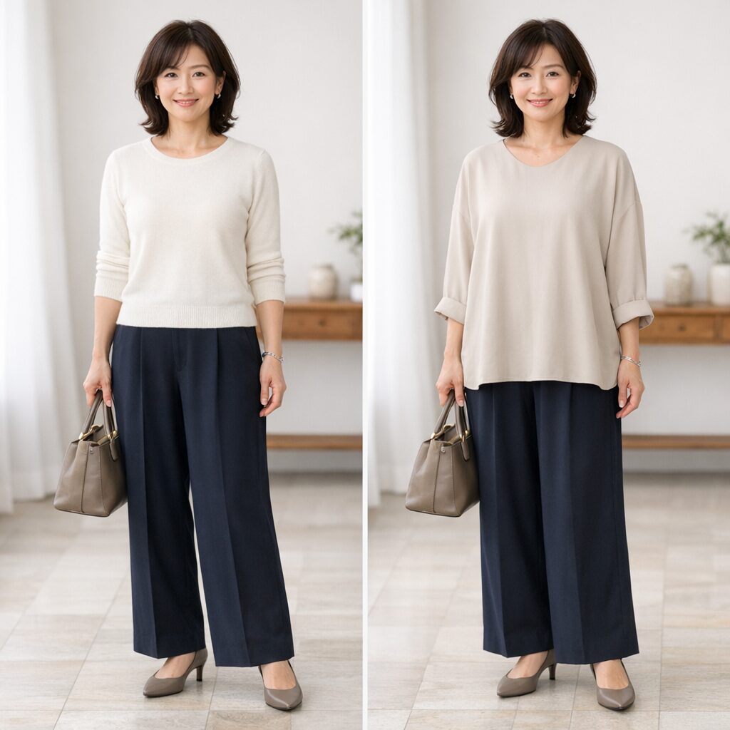 ワイドパンツにトップスを合わせるときは、まず丈の違いを見ると選びやすくなります。短め丈は重心が上がって見えやすく、長め丈は全体の印象がゆるく見えやすいことがあります。