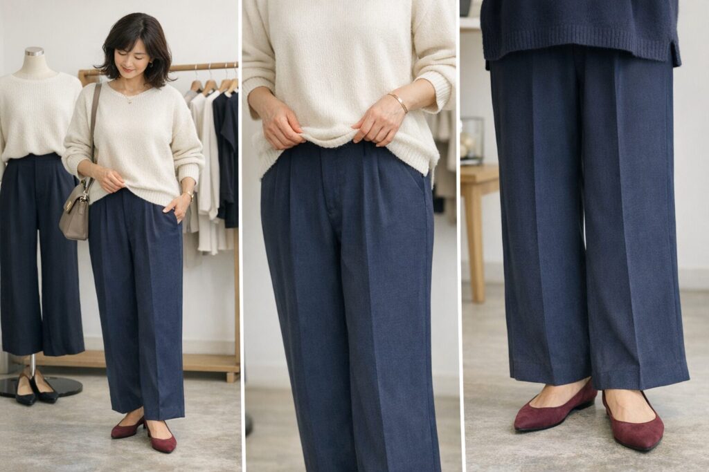 ワイドパンツに合うトップスが決まらない日は、丈、裾、靴の順で見ると選びやすくなります。順番を決めて考えるだけでも、全体のまとまりが見えやすくなります。