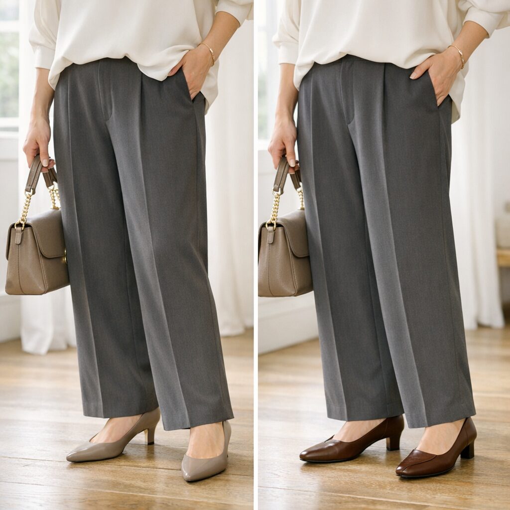 トップスの裾と靴のつながりを見ると、ワイドパンツはきれいめに整いやすくなります。足元が重たく見えにくいと、全体もすっきり見えます。