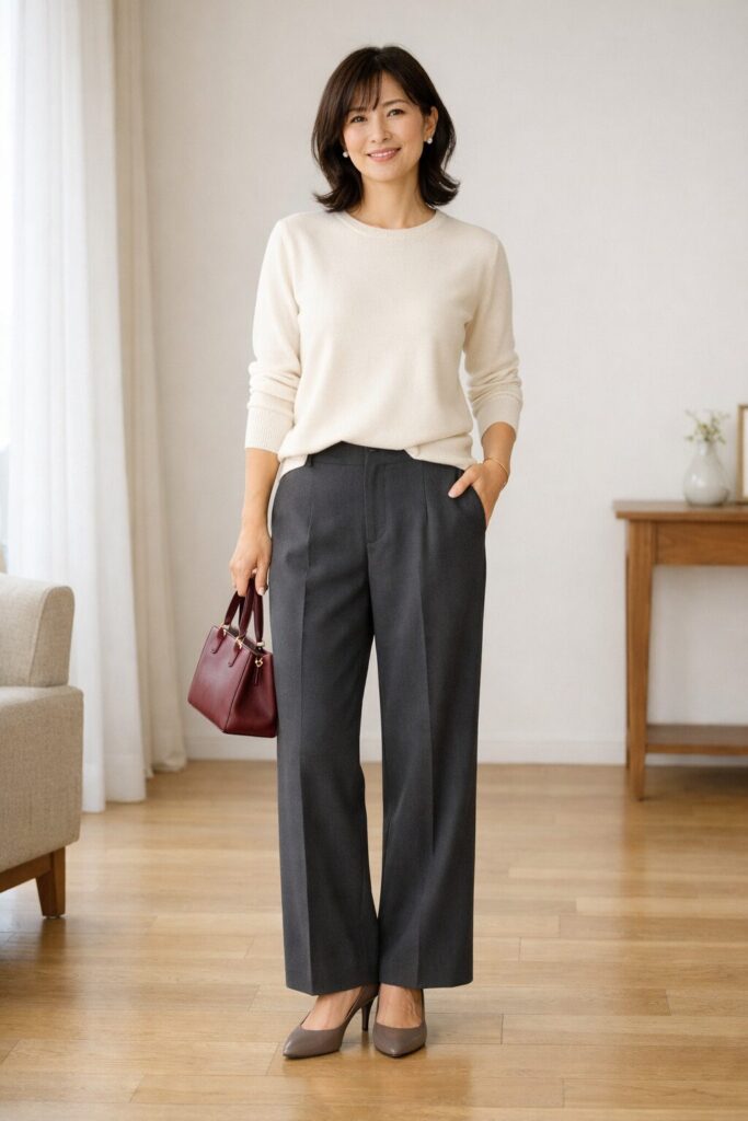 ヒップの収まりと落ち感が合うと、ワイドパンツは大人っぽくすっきり見えやすくなります。着こなし全体の印象まで伝えるための挿絵です。