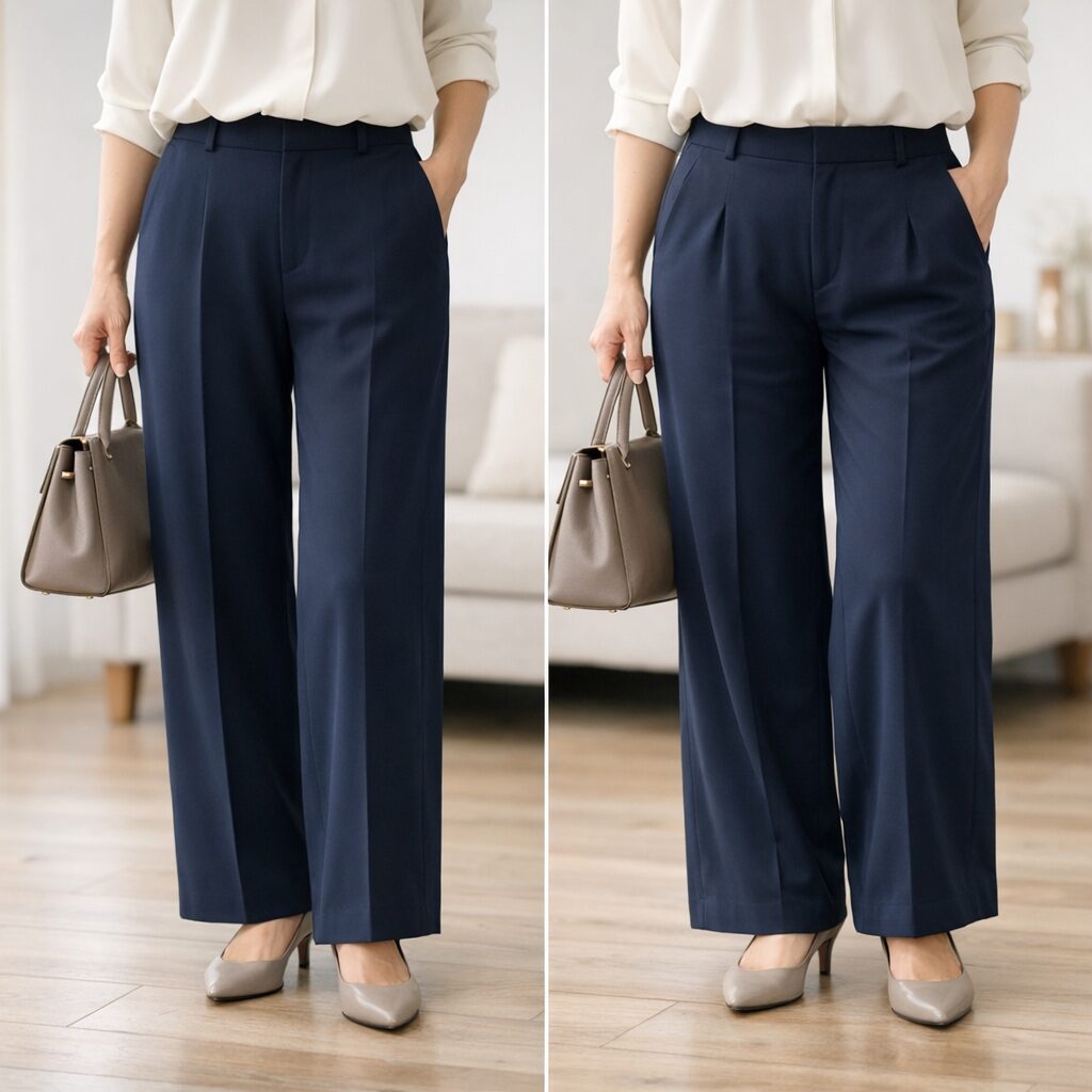 ヒップまわりに無理がないと、同じワイドパンツでも落ち着いた印象に見えやすくなります。数字だけでは分かりにくい差を、ラインの落ち方で見せる挿絵です。