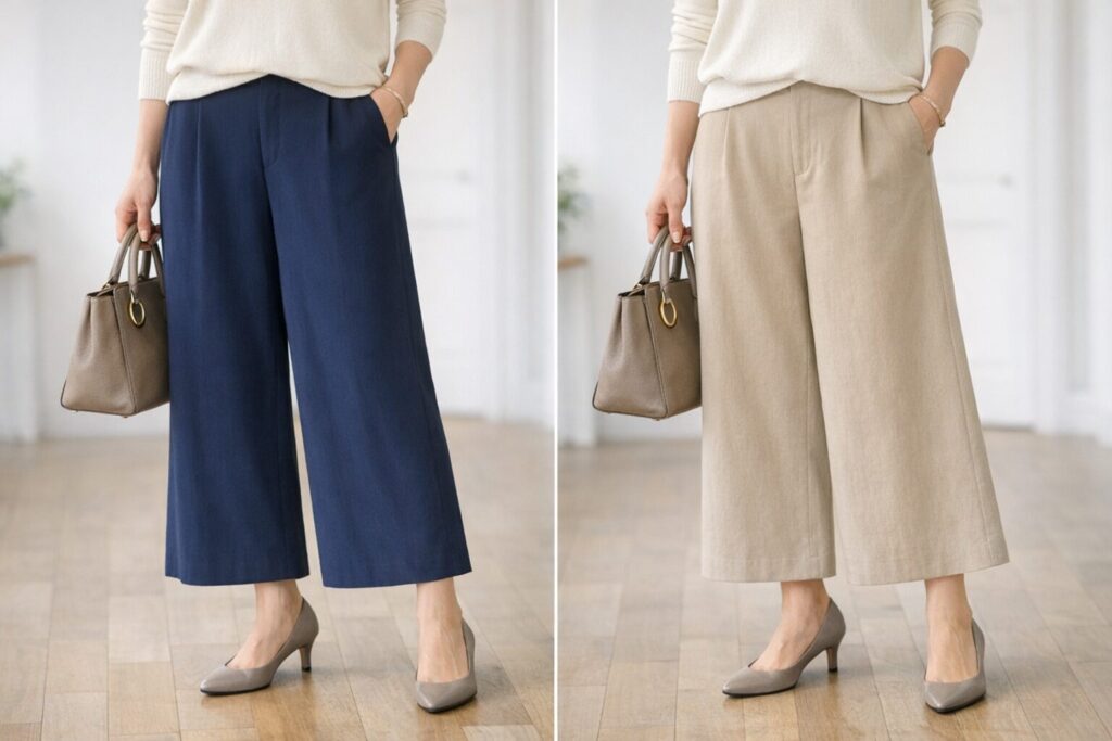 落ち感と広がり方の違いを見ると、ガウチョパンツがきれいめに見える条件がつかみやすくなります。