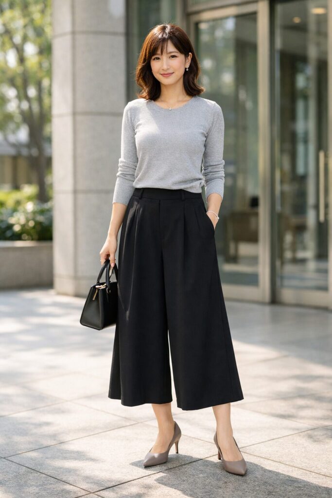 ハリのある素材×コンパクトニット×ポインテッドトゥで、ガウチョパンツでも洗練された通勤スタイルが完成します。