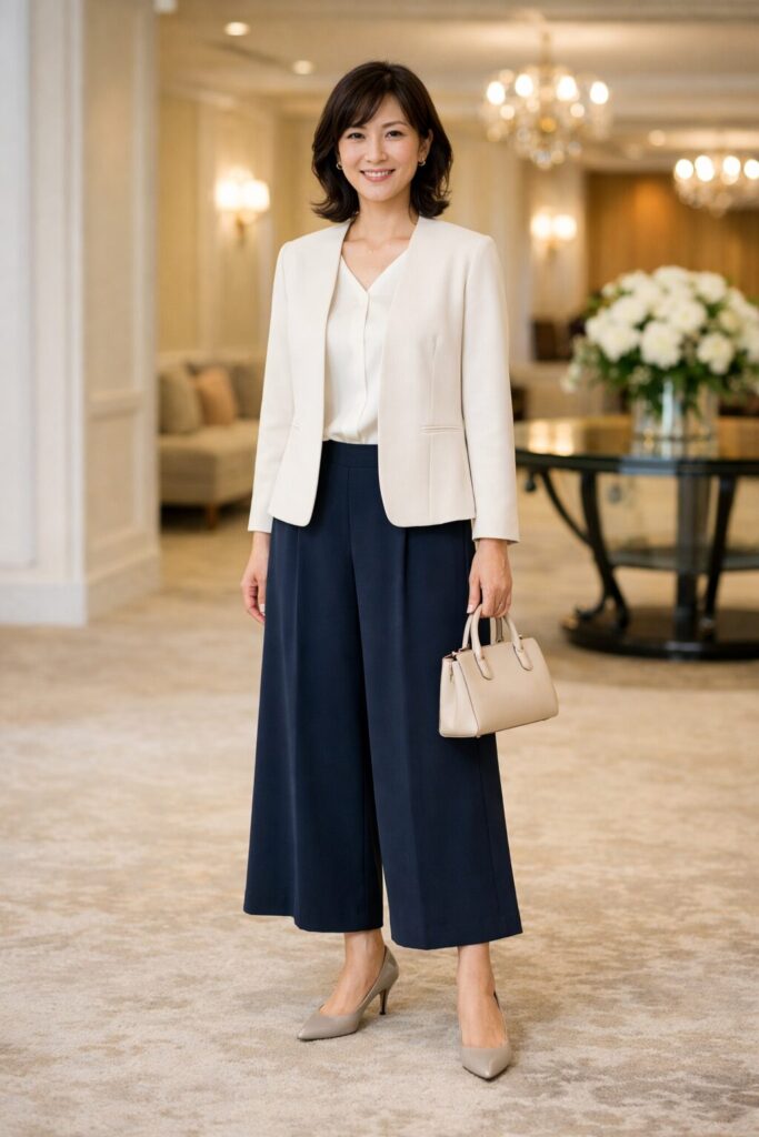 ジャケット・パンプス・小ぶりバッグまでそろえると、ガウチョパンツでも落ち着いた式典向けの印象に寄せやすくなります。