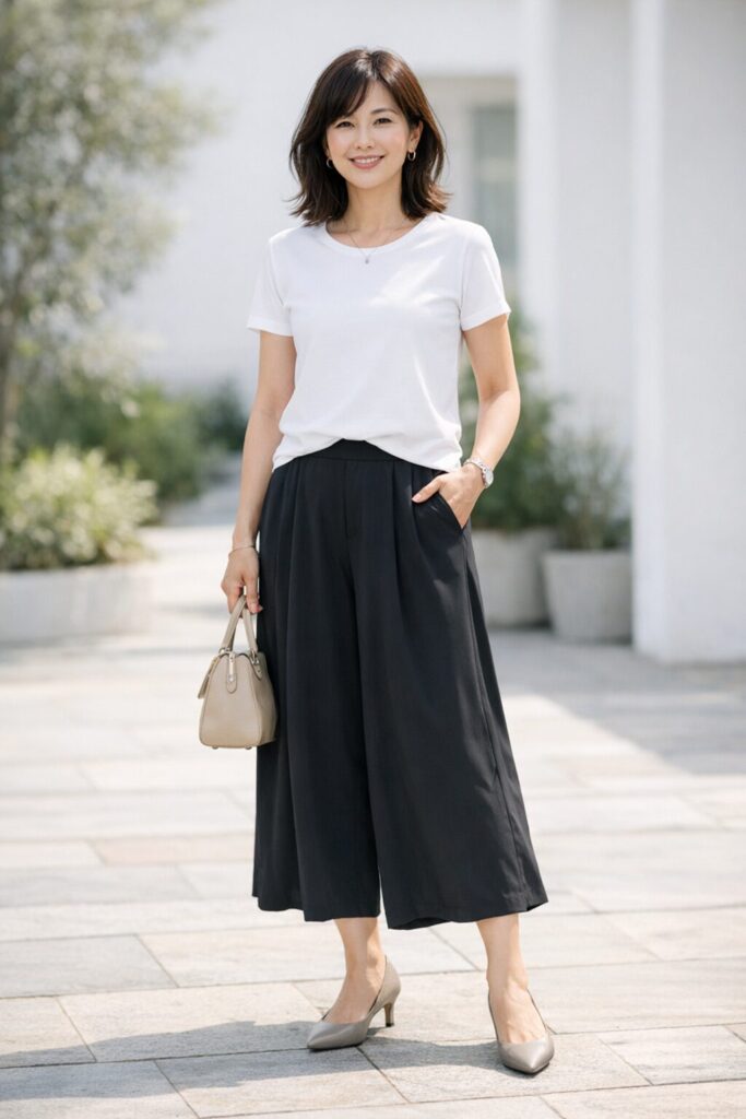 Tシャツのゆるさを少し抑え、ウエスト位置をあいまいにしすぎないだけでも、見え方はかなり変わります。