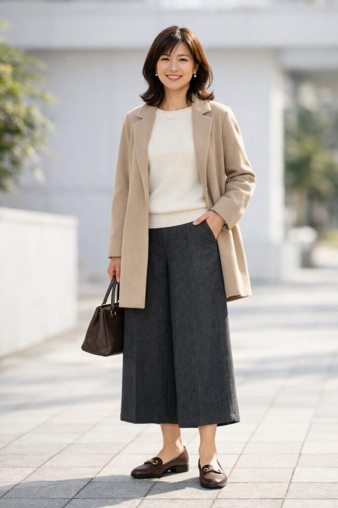 冬素材のガウチョは、厚みだけでなく、裾の落ち方や足元とのつながりでも印象が変わります。