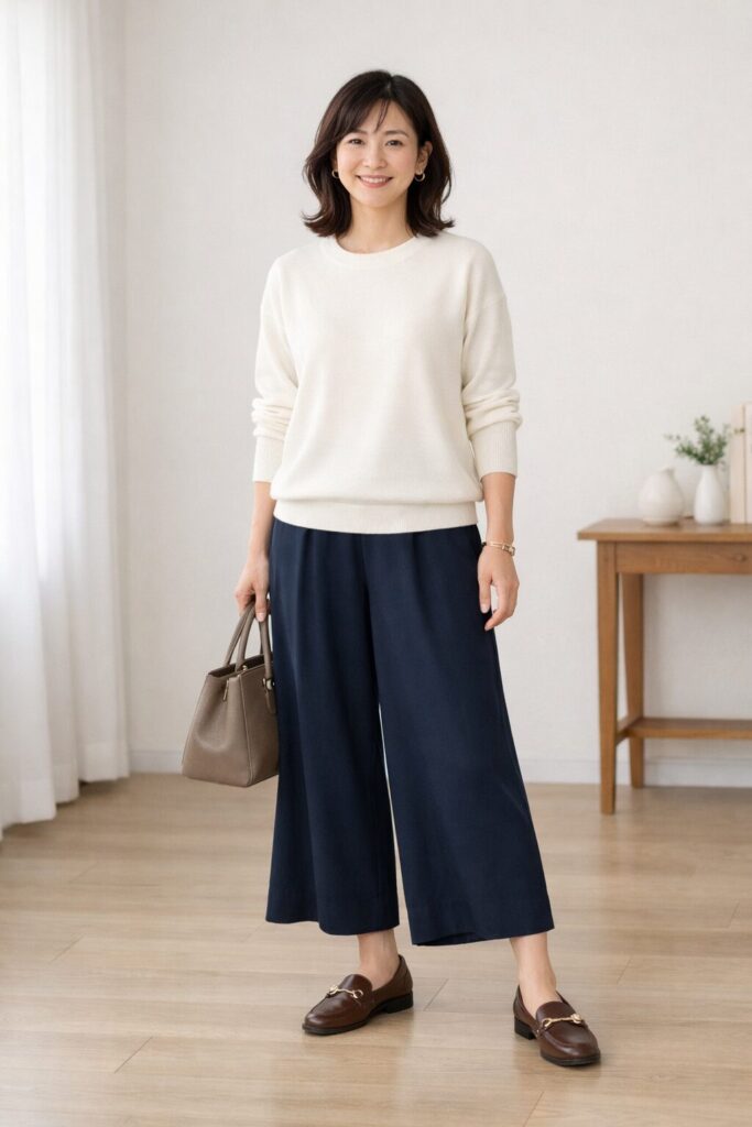 トップスを全部インしなくても、丈感と落ち感が合っていればすっきり見えます。