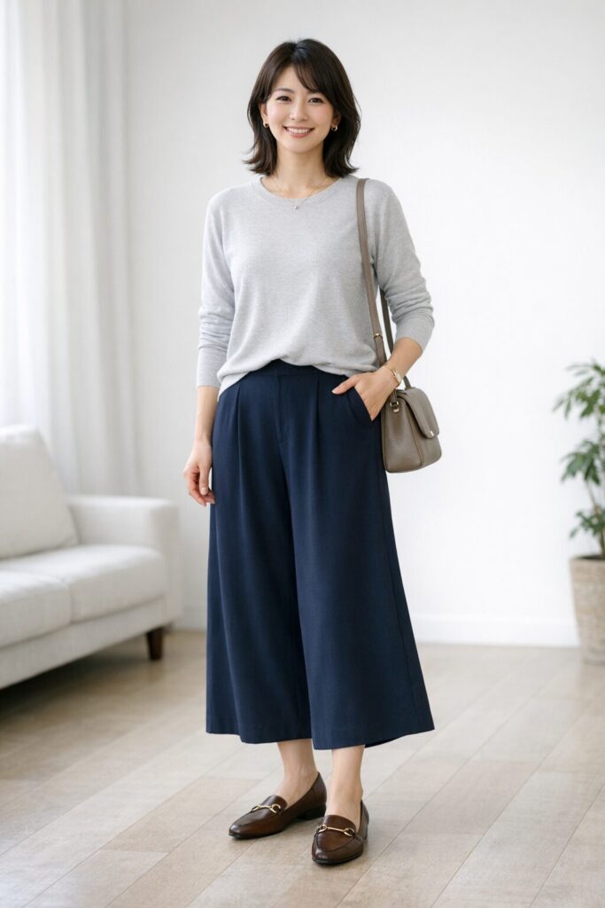 靴が重すぎず、裾とのつながりが自然だと、ガウチョの普段着感が整って見えやすくなります。