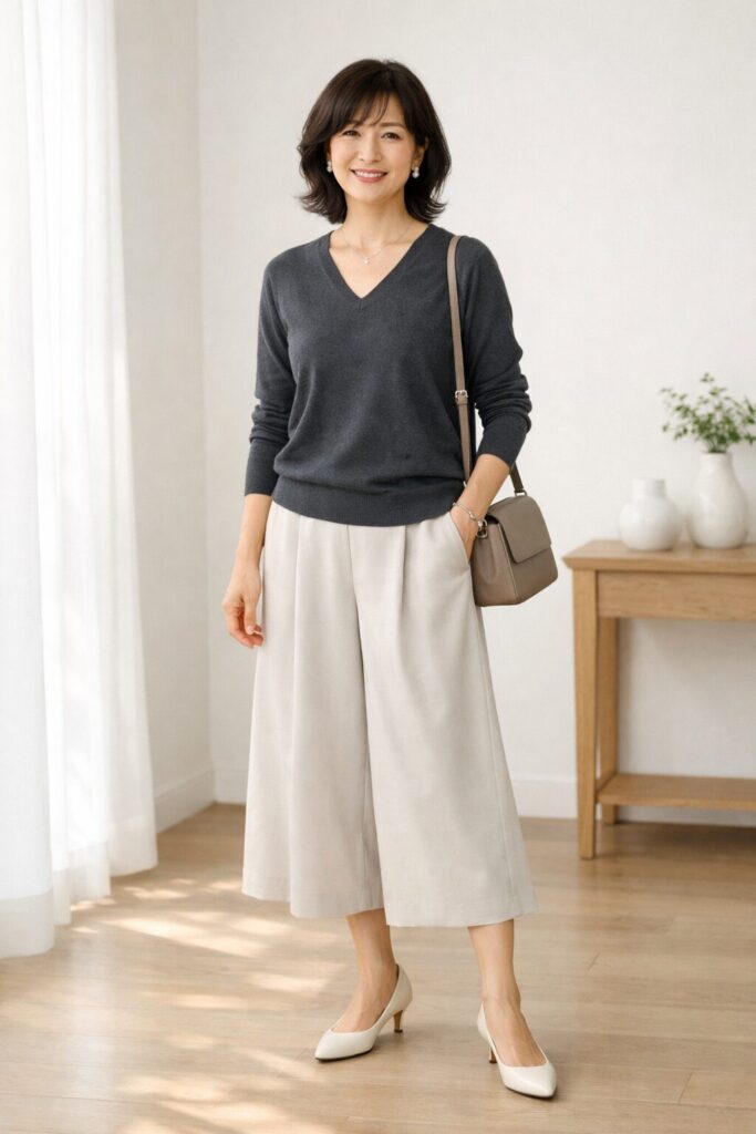 明るい色は軽さが出ますが、トップスや足元を少し締めると、甘すぎず大人っぽく見えやすくなります。