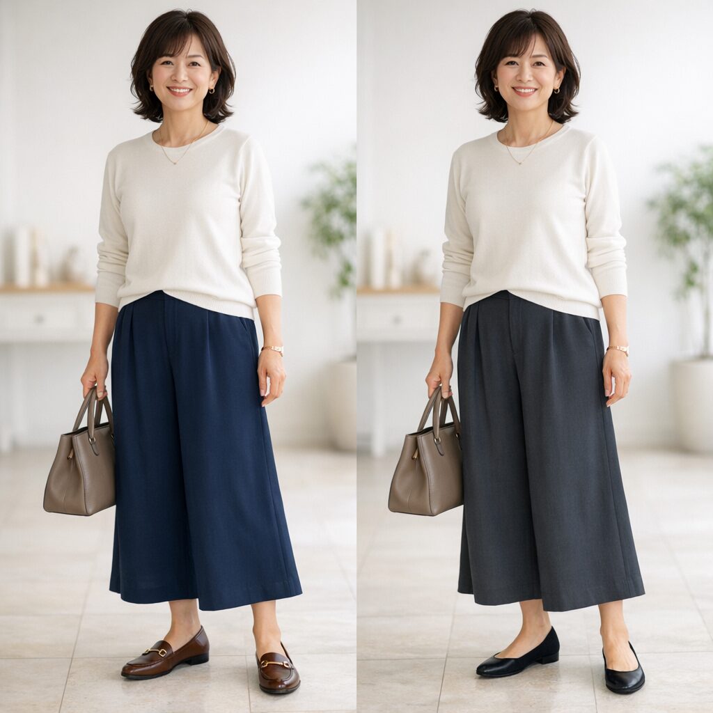 ネイビーとチャコールグレーは、どちらも合わせやすいですが、ネイビーは清潔感、チャコールグレーは引き締め感が出しやすい組み合わせです。