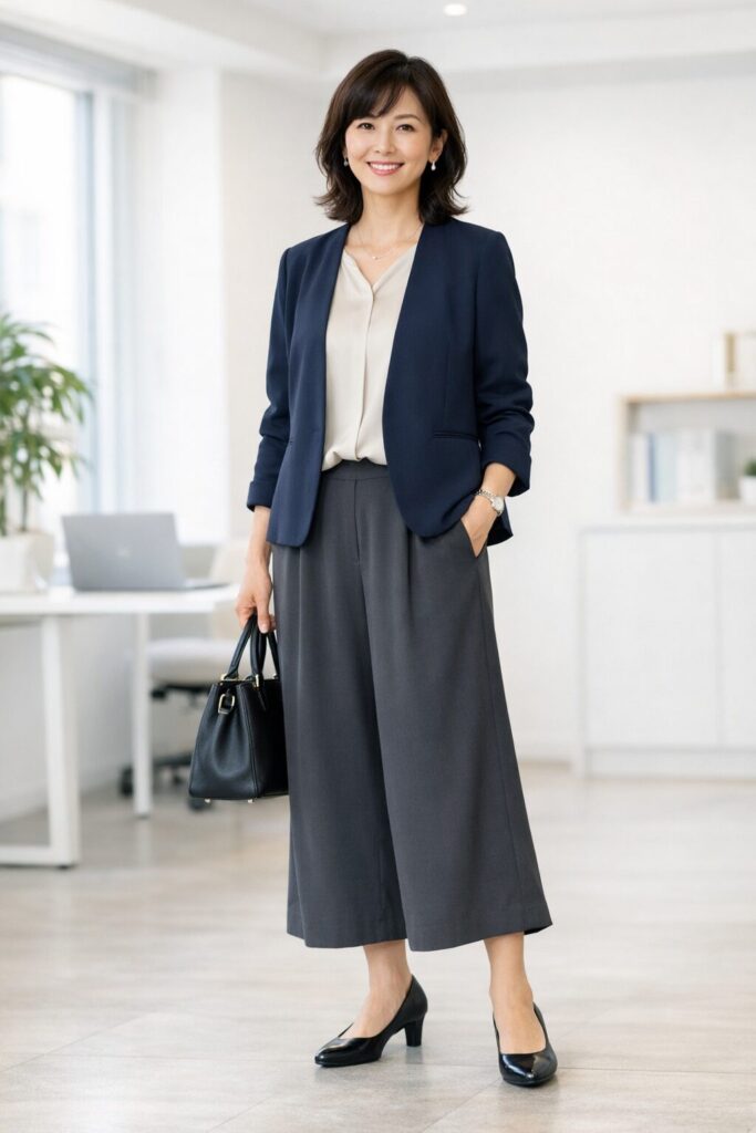 裾が広がりすぎず、縦に落ちる形なら、ガウチョでも通勤向けのきちんと感が残りやすいです。