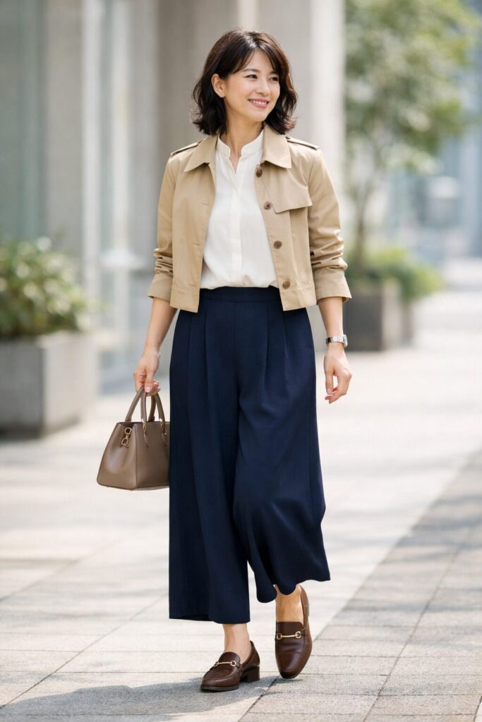足元と羽織りが整うと、ガウチョ特有のやわらかさがオフィスでも浮きにくくなります。