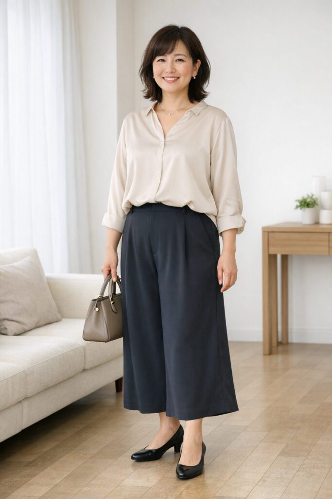 腰まわりの厚みを隠すのではなく、落ち感で流して見せます。