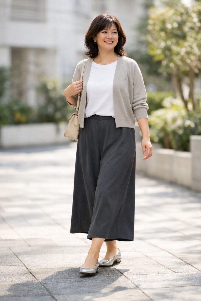 裾の落ち方と靴の軽さで、全身の重心が下がりすぎないことがポイントです。