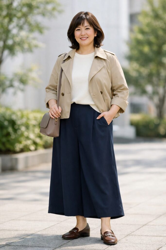 体型カバーをしながらも、きれいめに見せやすいガウチョの着こなし例です。