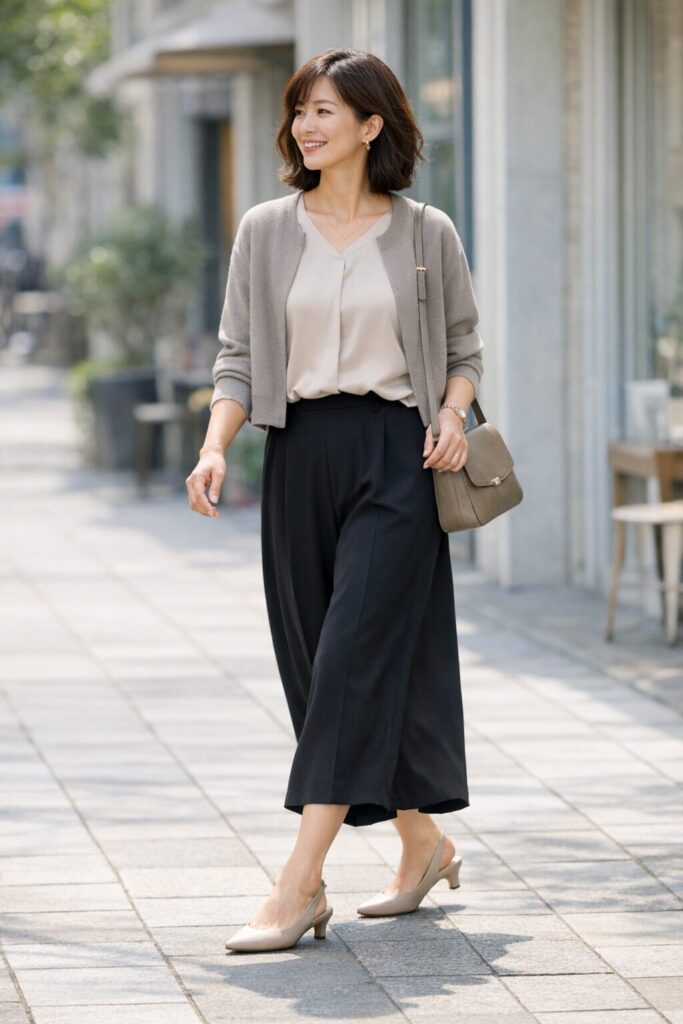 黒を軽く見せたい日は、裾の下に少し抜け感が出る靴を合わせると、全体の印象がぐっと整います。