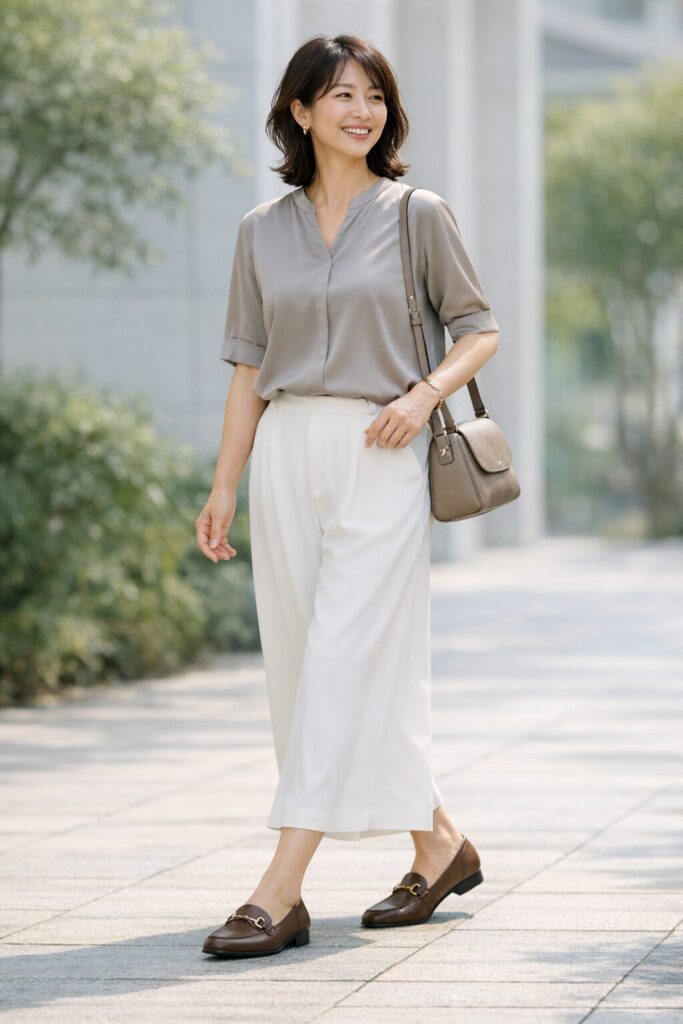 トップスの前側を少し整え、足元に締まりを入れるだけでも、白ガウチョの印象はかなり変わります。