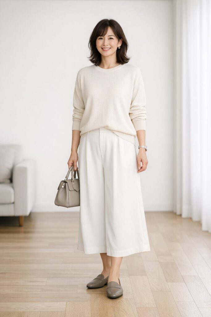 上半身に端正さを足すと、白ガウチョの軽さを活かしながら大人っぽく整いやすくなります。