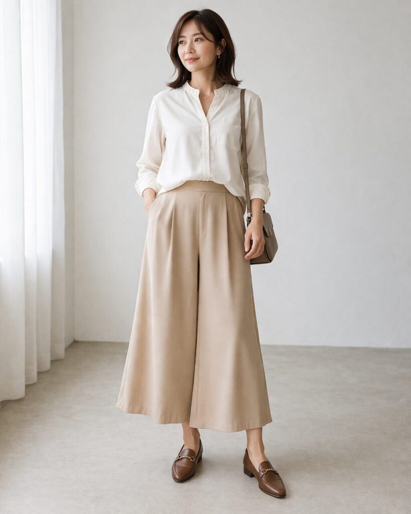 トップスに端正さがあると、ベージュのやわらかさを残しながら全身がぼやけにくくなります。