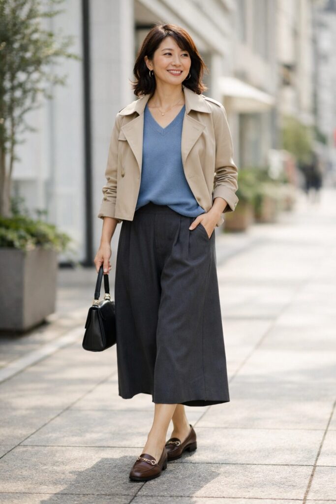 裾まわりと足元の見え方が整うと、冬の装いでもガウチョがぐっと大人っぽく見えます。長さだけでなく、下へのつながりまで見るのがポイントです。