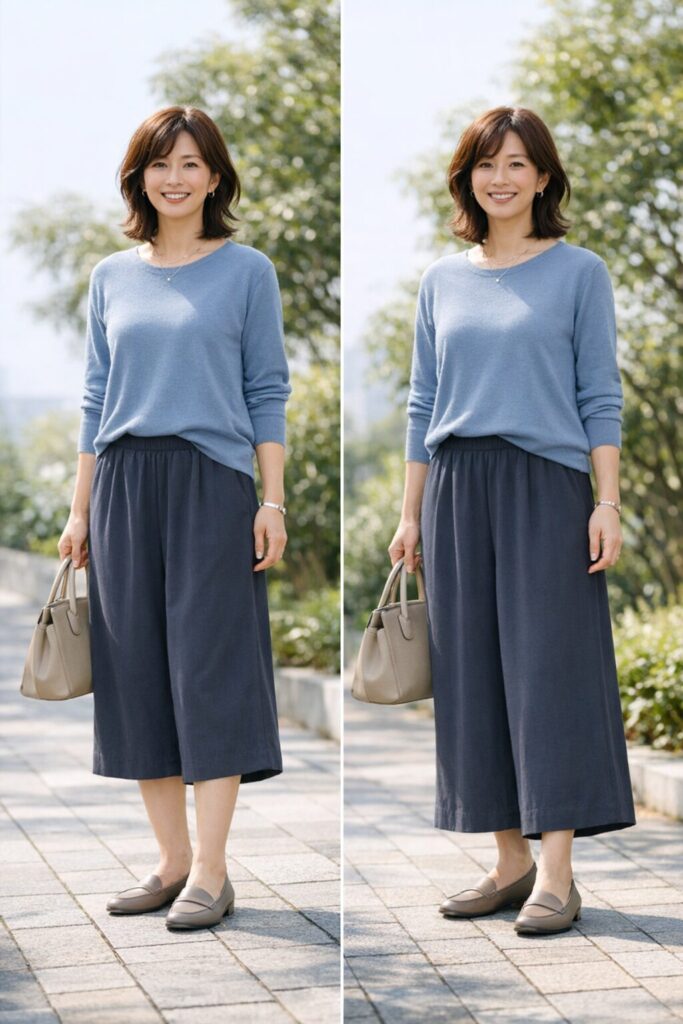 丈は短ければいいのではなく、どこで裾が止まるかが大切です。足元まで自然につながると、ガウチョの重たさが出にくくなります。