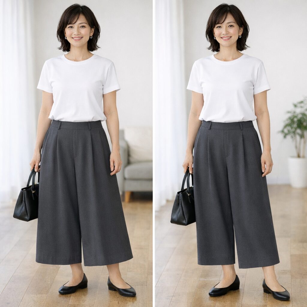 幅が広がりすぎないだけで、ガウチョはかなりすっきり見えやすくなります。体型カバーは、布の量より落ち方で考えると選びやすいです。