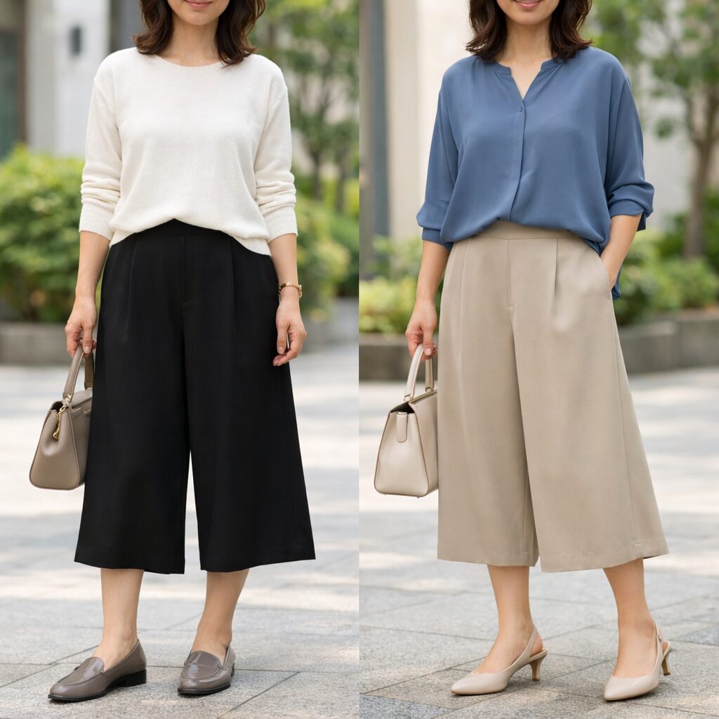 黒は足元に少し明るさを足すと軽く見えやすいです。
ベージュは靴まで淡くしすぎず、細さや艶を少し足すと整いやすくなります。