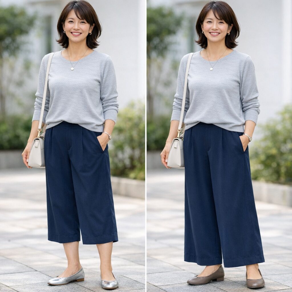 足元へ自然につながる丈のほうが、ガウチョの幅感が落ち着いて見えやすいです。短さだけで選ぶより、どこで裾が止まるかを見ると判断しやすくなります。