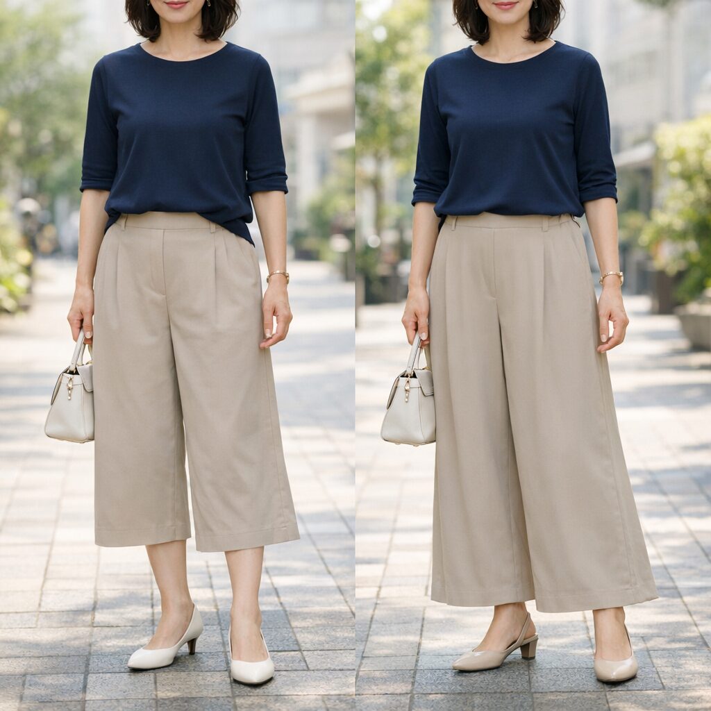 足元が見える量だけでなく、裾から靴までがどうつながるかで印象は変わります。気になるときは、鏡で横幅より先に縦の流れを見てみるのがおすすめです。